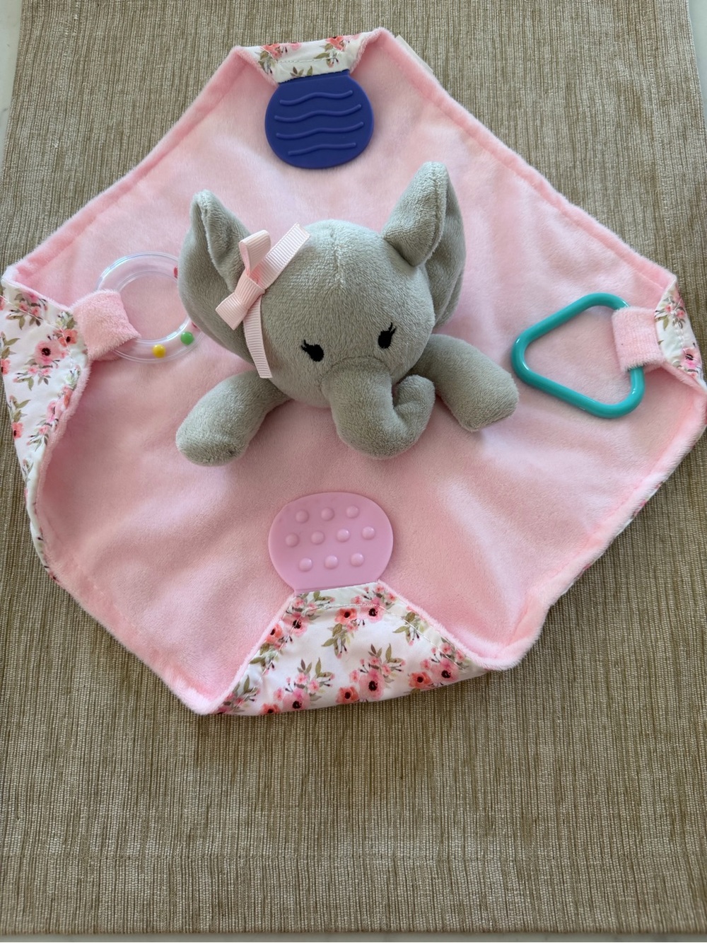 Modern Baby Pink Floral Elephant Lovey Plush Security Blanket Teething